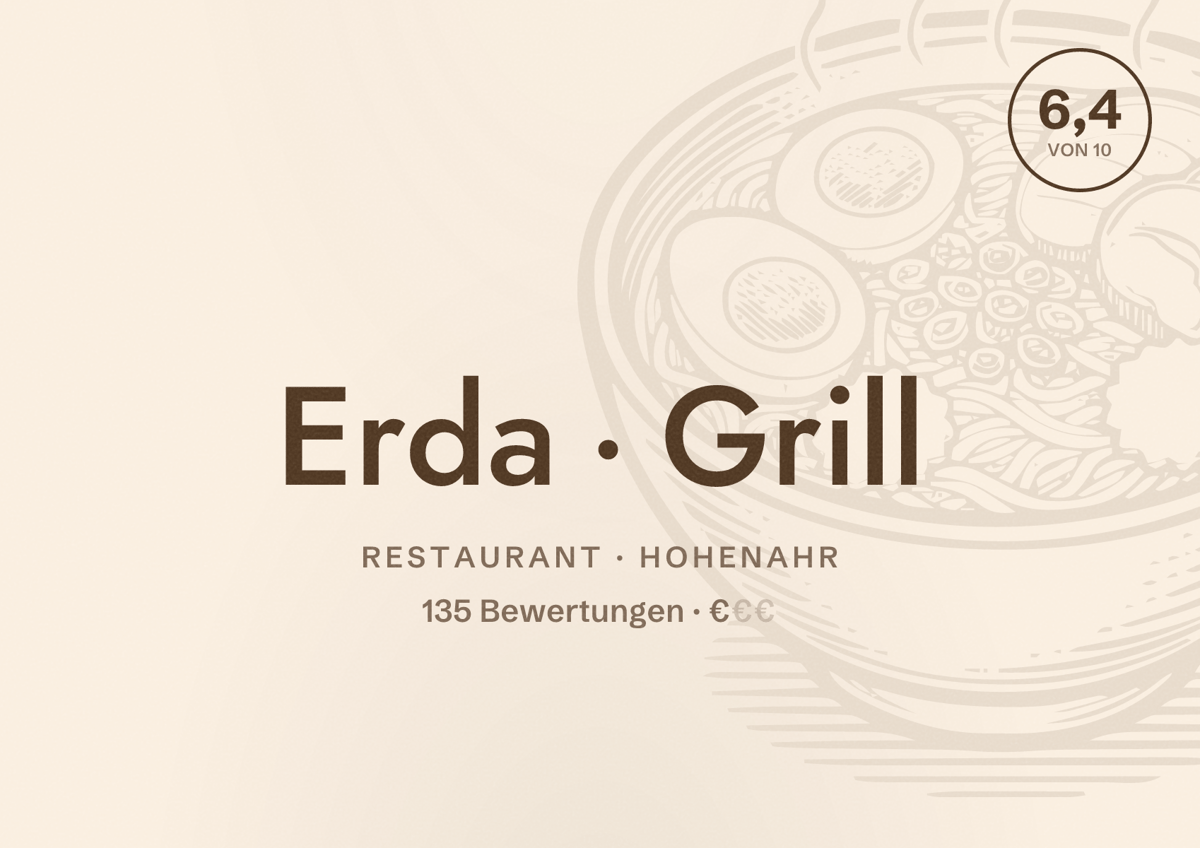 Illustriertes Poster von Erda Grill, Restaurant in Hohenahr: Bewertung 6,4 von 10 aus 135 Bewertungen, Preisniveau €