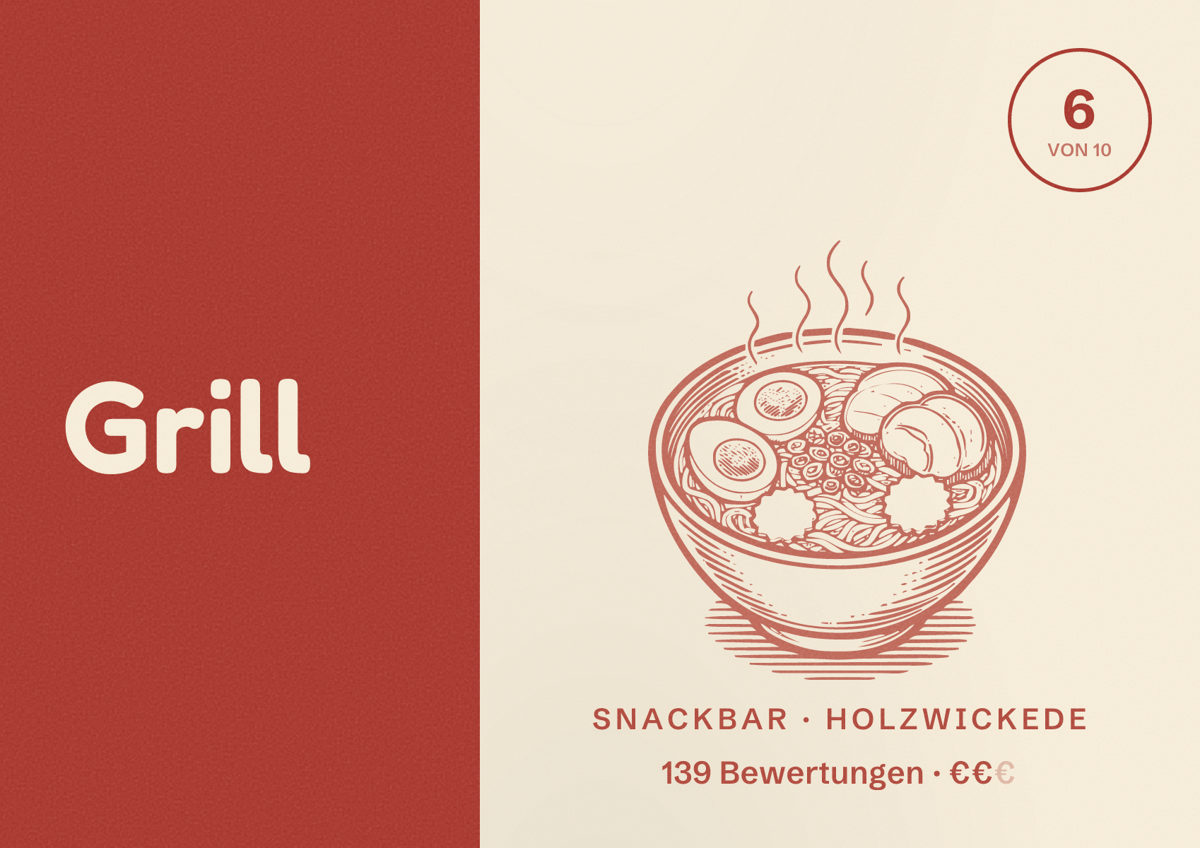 Illustriertes Poster von Grill, Snackbar in Holzwickede: Gästebewertung 6 von 10 aus 139 Bewertungen
