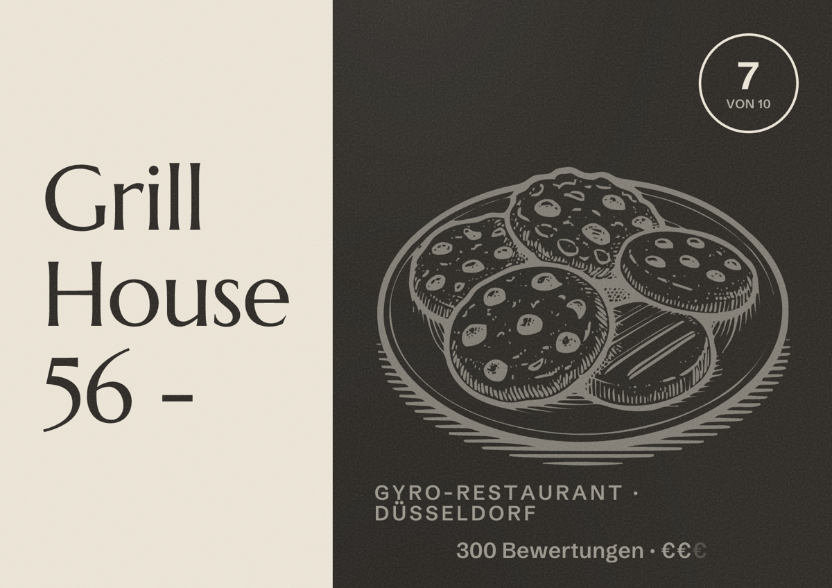 Illustriertes Poster von Grill House 56 -, Gyro-Restaurant in Düsseldorf: Bewertung 7,0 von 10 aus 300 Bewertungen, Preisniveau €€