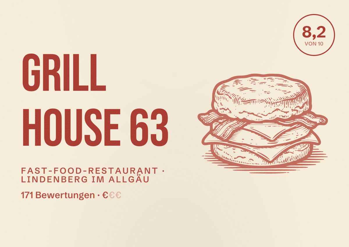 Illustriertes Poster von Grill House 63, Fast-Food-Restaurant in Lindenberg im Allgäu: Bewertung 8,2 von 10 aus 171 Bewertungen, Preisniveau €