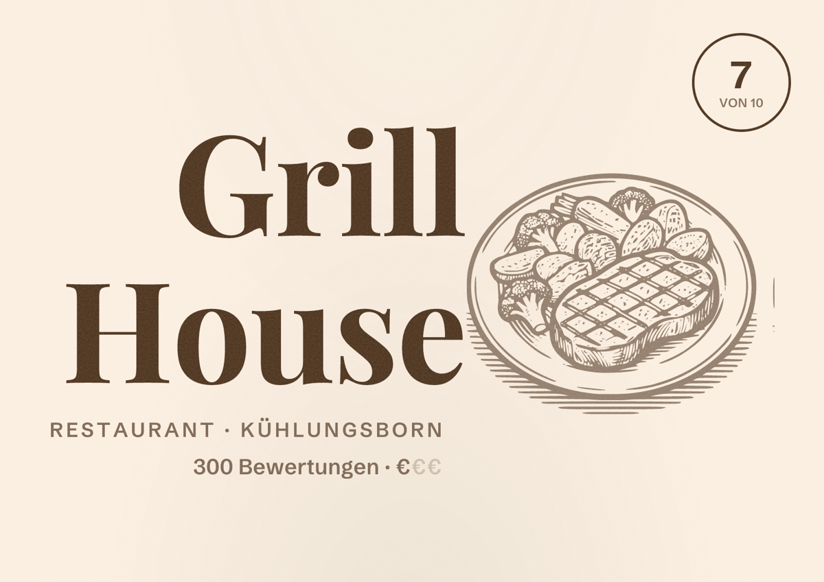 Illustriertes Poster von Grill House, Restaurant in Kühlungsborn: Bewertung 7 von 10 aus 300 Bewertungen, Preisniveau €