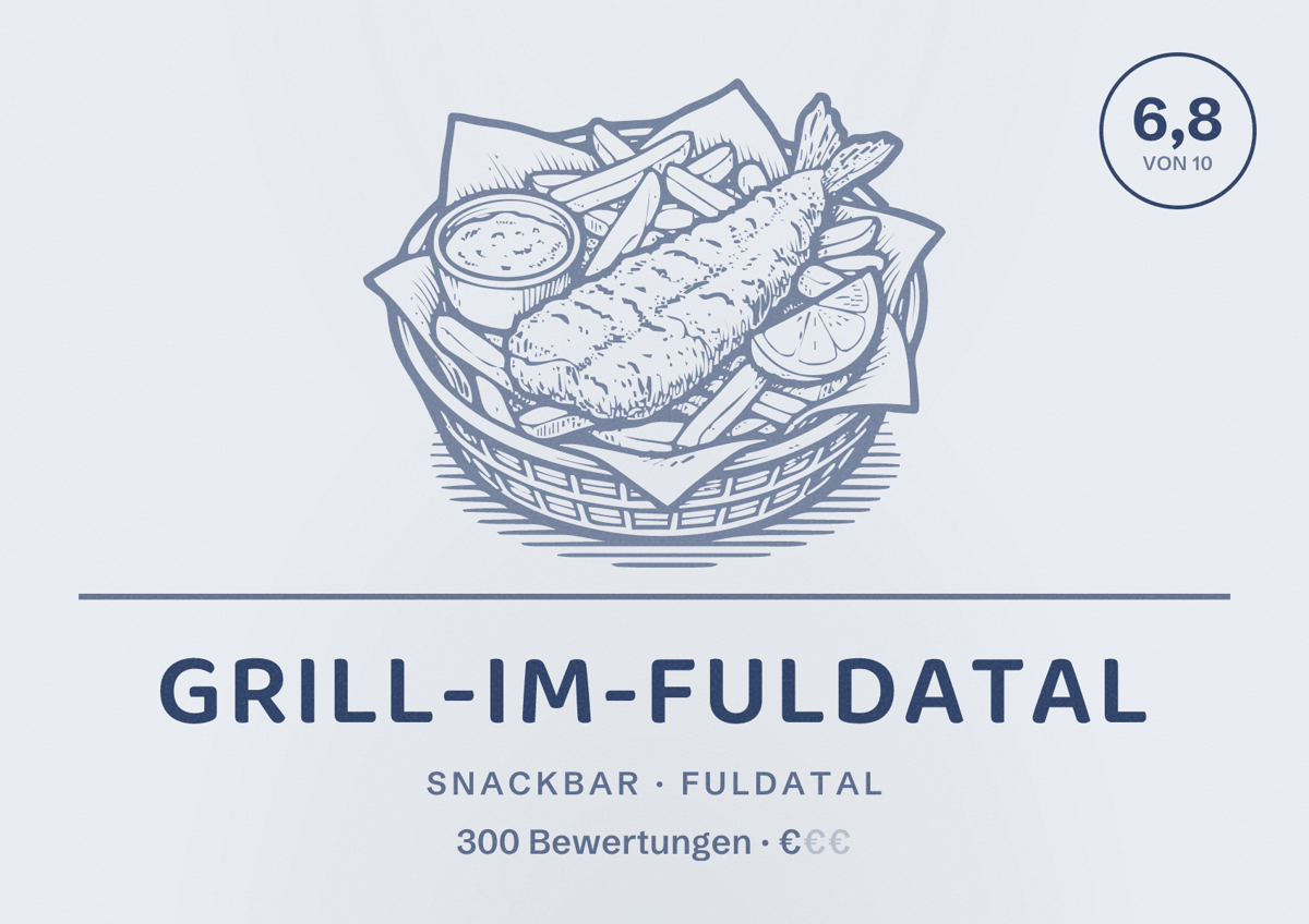 Illustriertes Poster von Grill-im-Fuldatal, Snackbar in Fuldatal: Bewertung 6,8 von 10 aus 300 Bewertungen, Preisniveau €