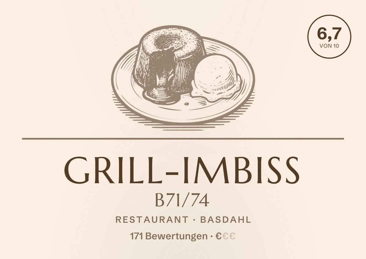 Illustriertes Poster von Grill-Imbiss B71/74, Restaurant in Basdahl: Bewertung 6,7 von 10 aus 171 Bewertungen, Preisniveau €