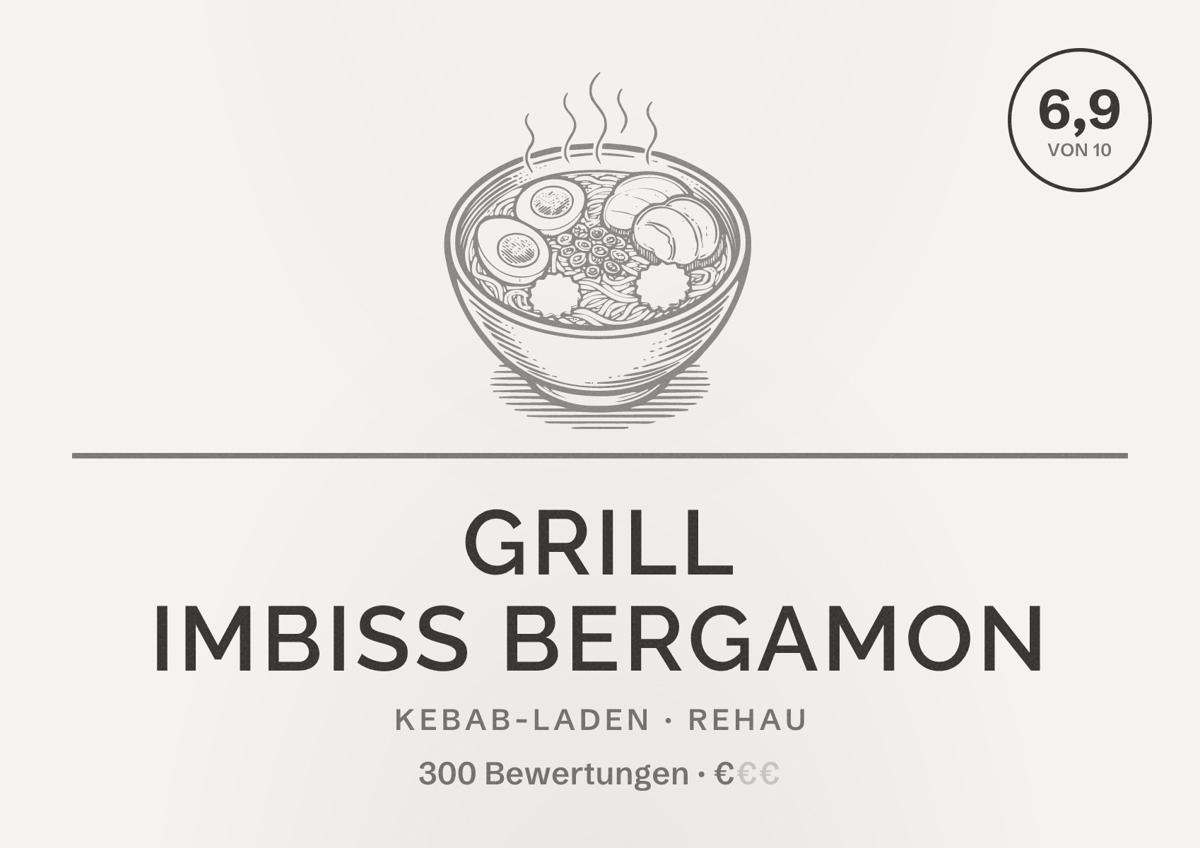 Illustriertes Poster von Grill Imbiss Bergamon, Kebab-Laden in Rehau: Bewertung 6,9 von 10 aus 300 Bewertungen, Preisniveau €