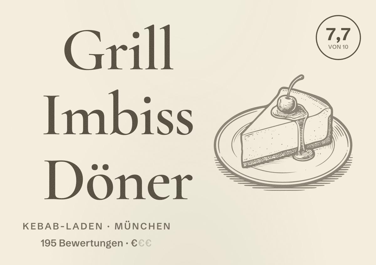 Illustriertes Poster von Grill Imbiss Döner, Kebab-Laden in München: Bewertung 7,7 von 10 aus 195 Bewertungen, Preisniveau €