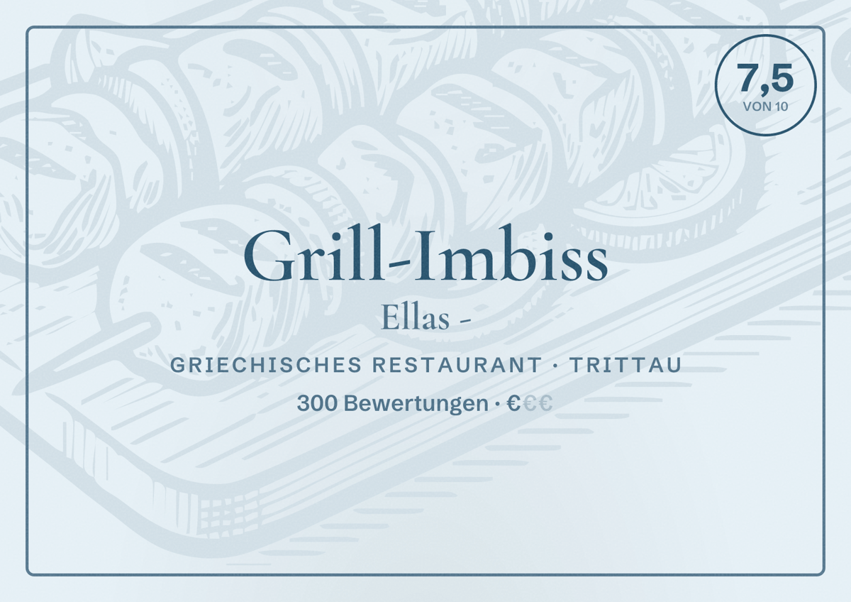 Illustriertes Poster von Grill-Imbiss Ellas -, Griechisches Restaurant in Trittau: Bewertung 7,5 von 10 aus 300 Bewertungen, Preisniveau €