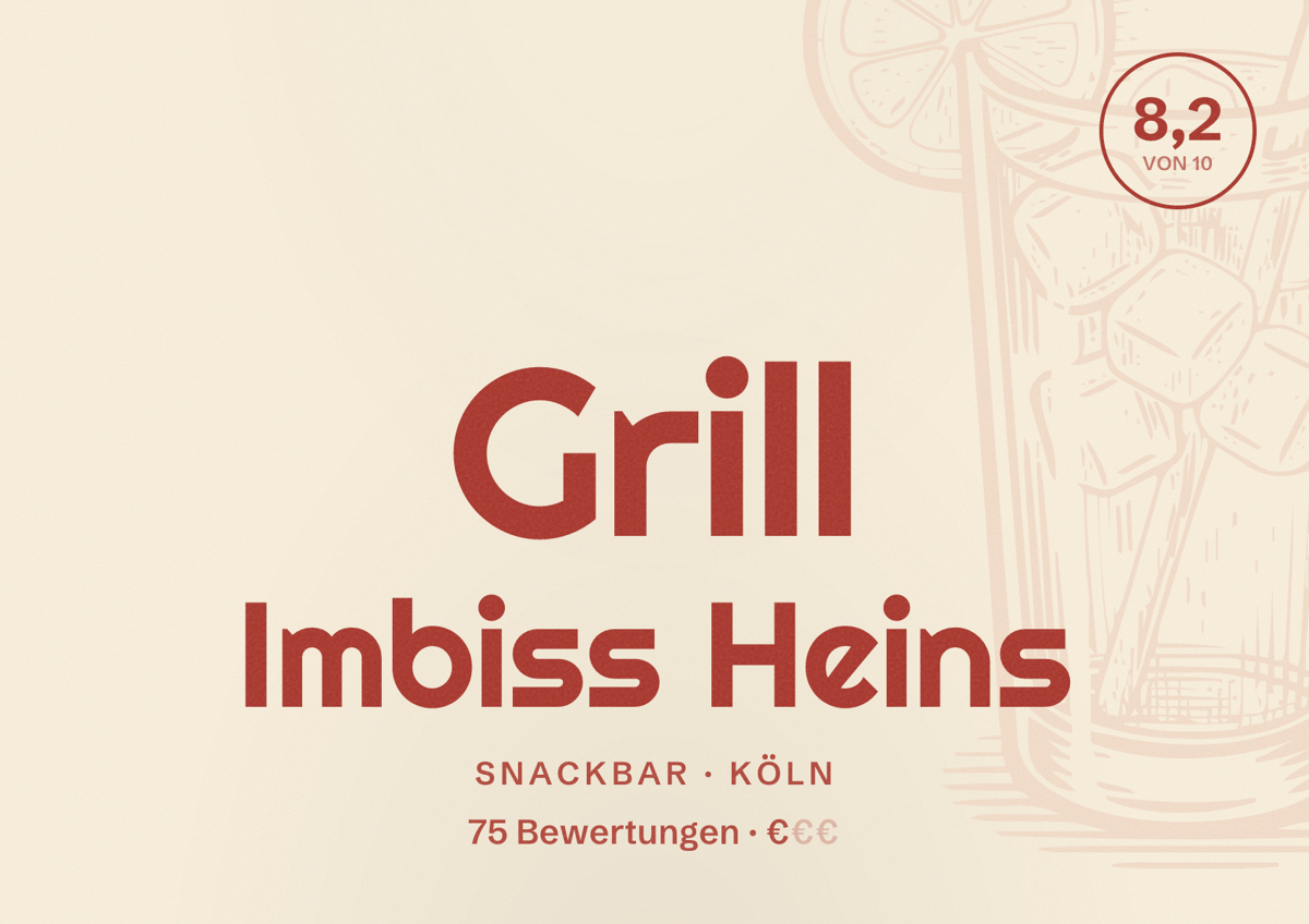 Illustriertes Poster von Grill Imbiss Heins, Snackbar in Köln: Bewertung 8,2 von 10 aus 75 Bewertungen, Preisniveau €
