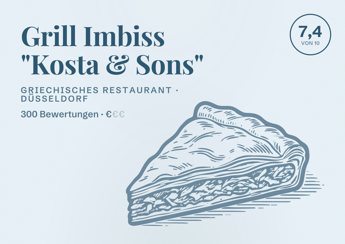 Illustriertes Poster von Grill Imbiss "Kosta & Sons", Griechisches Restaurant in Düsseldorf: Bewertung 7,4 von 10 aus 300 Bewertungen, Preisniveau €