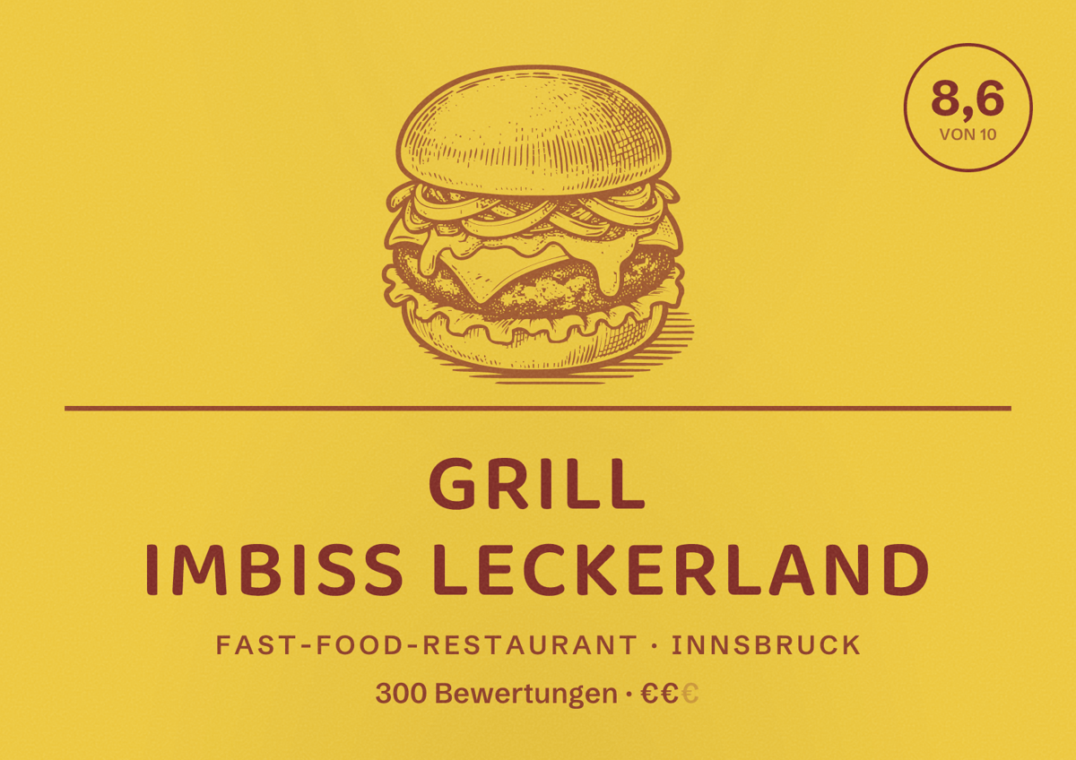 Illustriertes Poster von Grill Imbiss Leckerland, Fast-Food-Restaurant in Innsbruck: Bewertung 8,6 von 10 aus 300 Bewertungen, Preisniveau €€