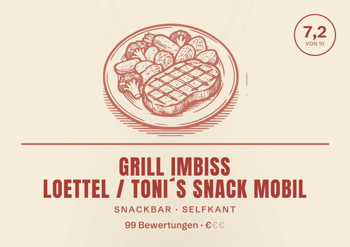 Illustriertes Poster von Grill Imbiss Loettel / Toni´s Snack mobil, Snackbar in Selfkant: Bewertung 7,2 von 10 aus 99 Bewertungen, Preisniveau €