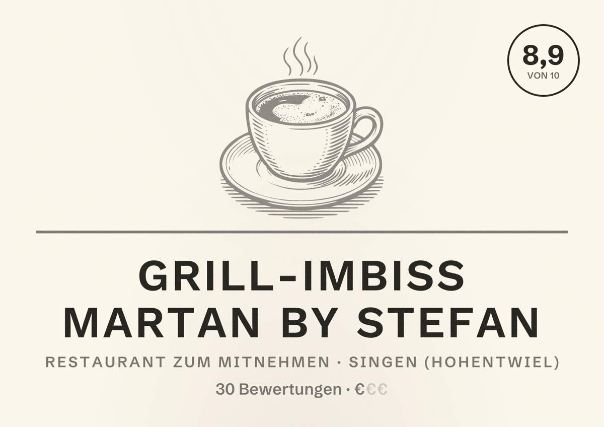 Illustriertes Poster von Grill-Imbiss Martan by Stefan, Restaurant zum Mitnehmen in Singen (Hohentwiel): Bewertung 8,9 von 10 aus 30 Bewertungen, Preisniveau €