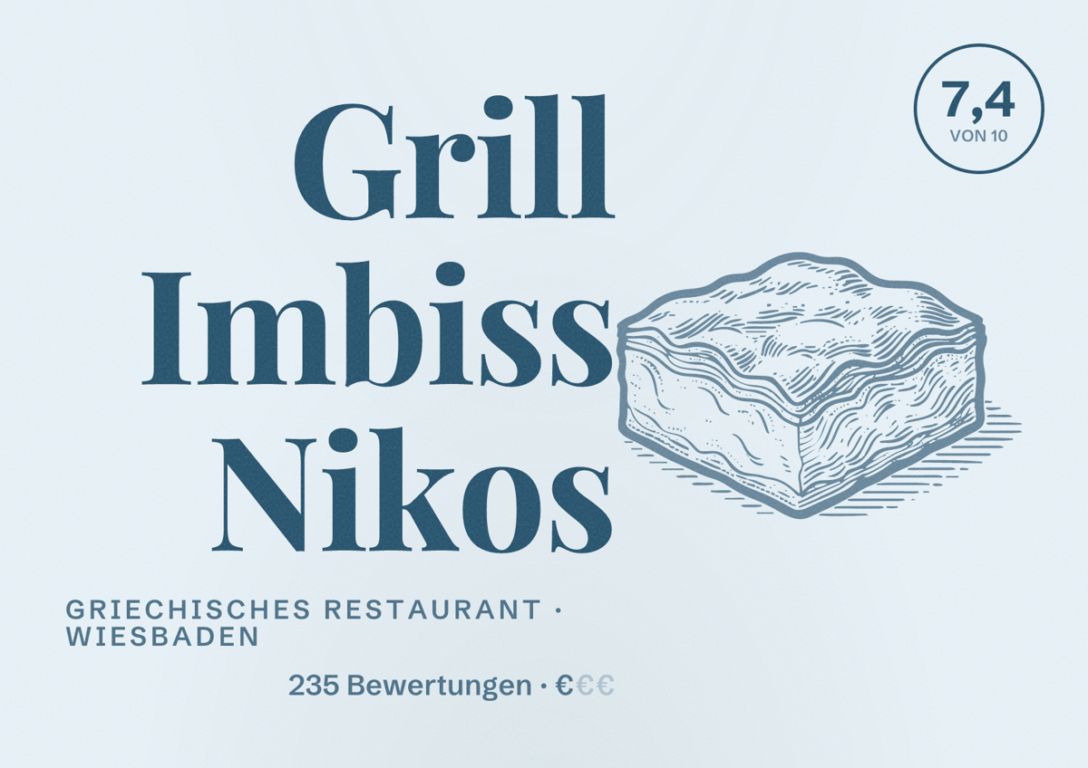 Illustriertes Poster von Grill Imbiss Nikos, Griechisches Restaurant in Wiesbaden: Bewertung 7,4 von 10 aus 235 Bewertungen, Preisniveau €