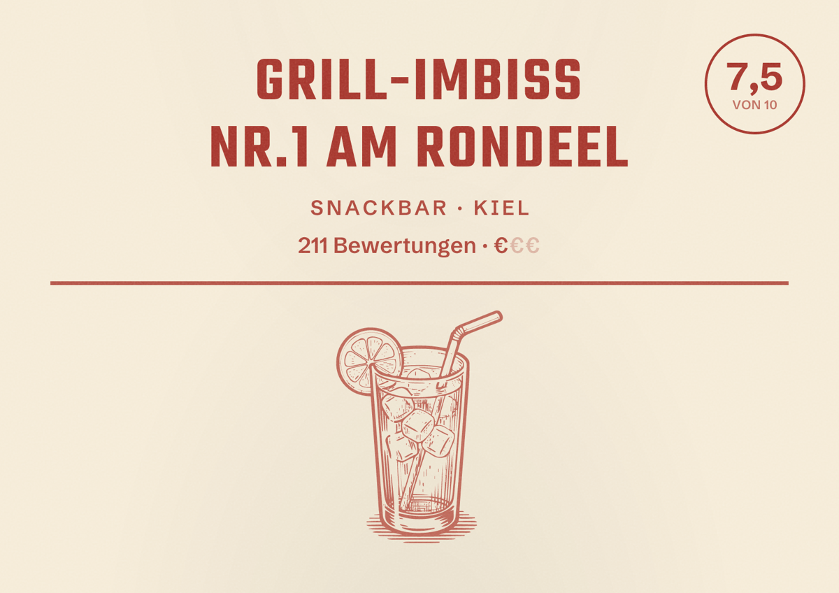 Illustriertes Poster von Grill-Imbiss Nr.1 am Rondeel, Snackbar in Kiel: Bewertung 7,5 von 10 aus 211 Bewertungen, Preisniveau €