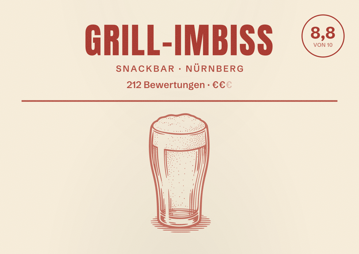 Illustriertes Poster von Grill-Imbiss, Snackbar in Nürnberg: Bewertung 8,8 von 10 aus 212 Bewertungen, Preisniveau €€
