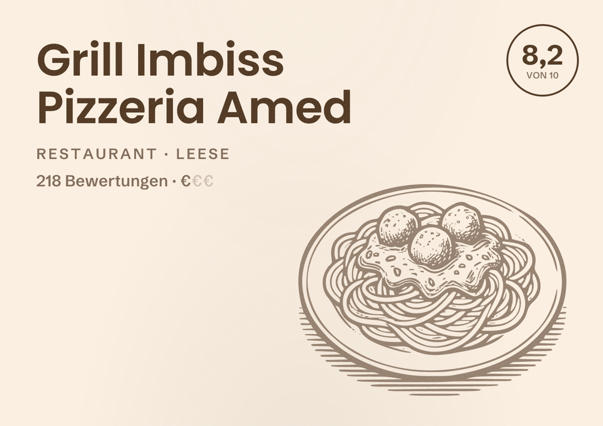 Illustriertes Poster von Grill Imbiss Pizzeria Amed, Restaurant in Leese: Bewertung 8,2 von 10 aus 218 Bewertungen, Preisniveau €
