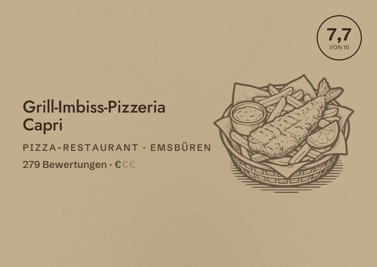 Illustriertes Poster von Grill-Imbiss-Pizzeria Capri, Pizza-Restaurant in Emsbüren: Bewertung 7,7 von 10 aus 279 Bewertungen, Preisniveau €