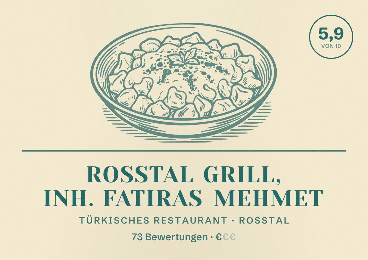 Illustriertes Poster von Roßtal Grill, Inh. Fatiras Mehmet, Türkisches Restaurant in Roßtal: Bewertung 5,9 von 10 aus 73 Bewertungen, Preisniveau €