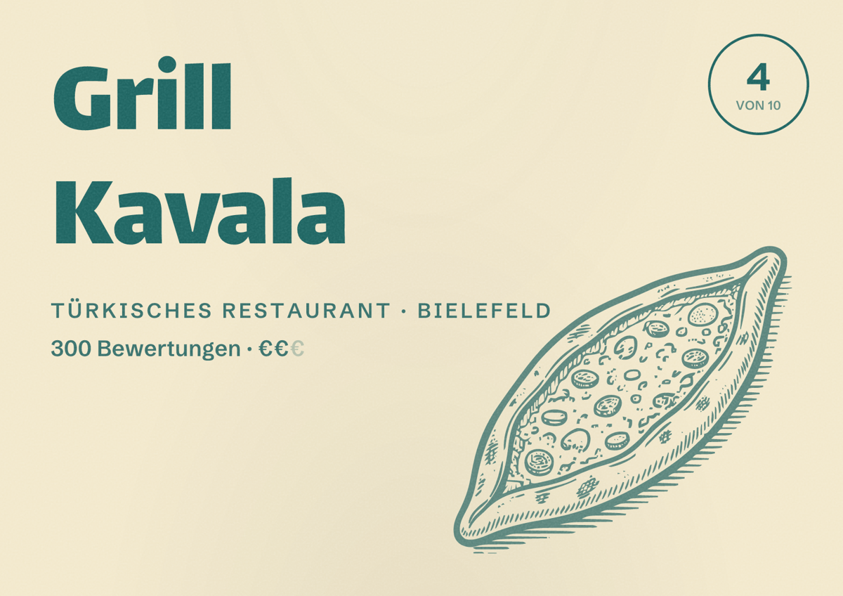 Illustriertes Poster von Grill Kavala, Türkisches Restaurant in Bielefeld: Bewertung 4 von 10 aus 300 Bewertungen, Preisniveau €€