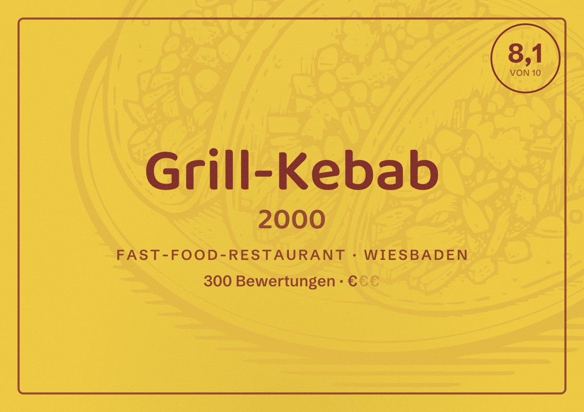 Illustriertes Poster von Grill-Kebab 2000, Fast-Food-Restaurant in Wiesbaden: Bewertung 8,1 von 10 aus 300 Bewertungen, Preisniveau €