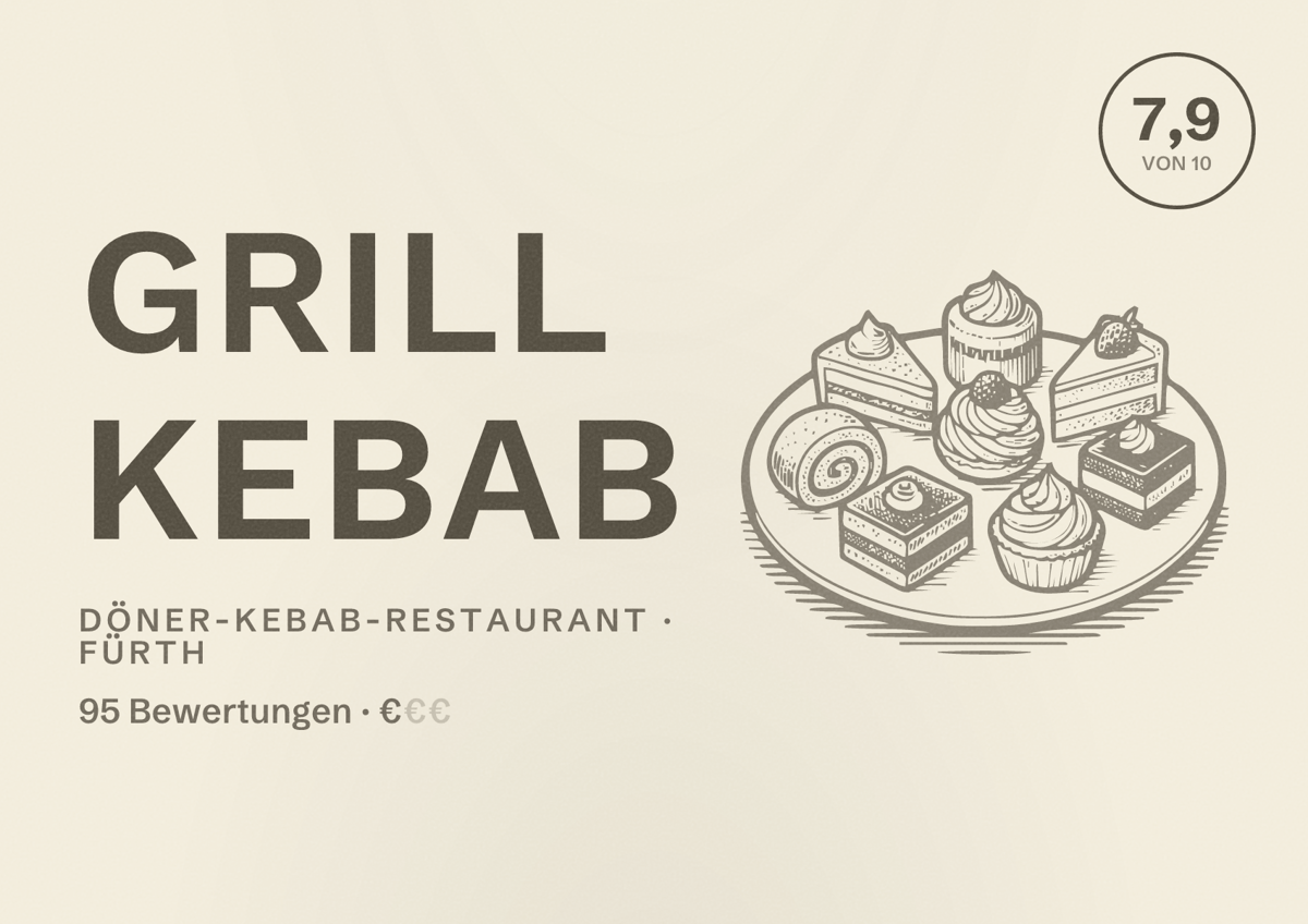 Illustriertes Poster von Grill Kebab, Döner-Kebab-Restaurant in Fürth: Bewertung 7,9 von 10 aus 95 Bewertungen, Preisniveau €
