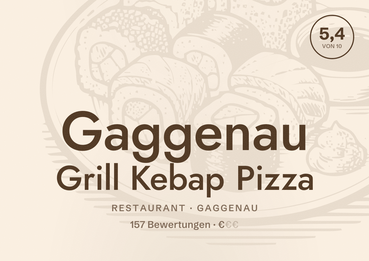 Illustriertes Poster von Gaggenau Grill Kebap Pizza, Restaurant in Gaggenau: Bewertung 5,4 von 10 aus 157 Bewertungen, Preisniveau €