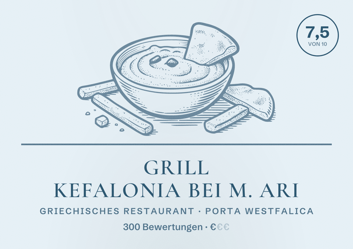 Illustriertes Poster von Grill Kefalonia bei M. Ari, Griechisches Restaurant in Porta Westfalica: Bewertung 7,5 von 10 aus 300 Bewertungen, Preisniveau €