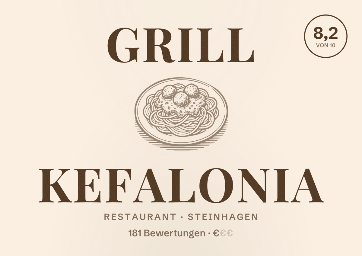 Illustriertes Poster von Grill Kefalonia, Restaurant in Steinhagen: Bewertung 8,2 von 10 aus 181 Bewertungen, Preisniveau €