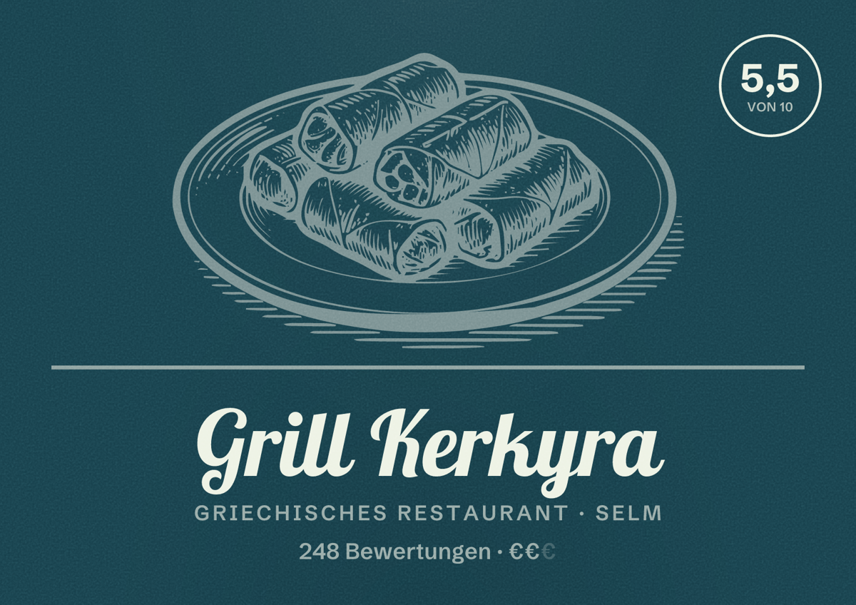 Illustriertes Poster von Grill Kerkyra, Griechisches Restaurant in Selm: Gästebewertung 5,5 von 10 aus 248 Bewertungen