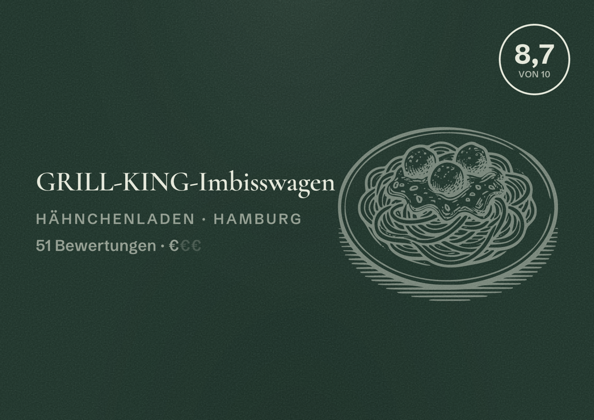 Illustriertes Poster von GRILL-KING-Imbisswagen, Hähnchenladen in Hamburg: Bewertung 8,7 von 10 aus 51 Bewertungen, Preisniveau €
