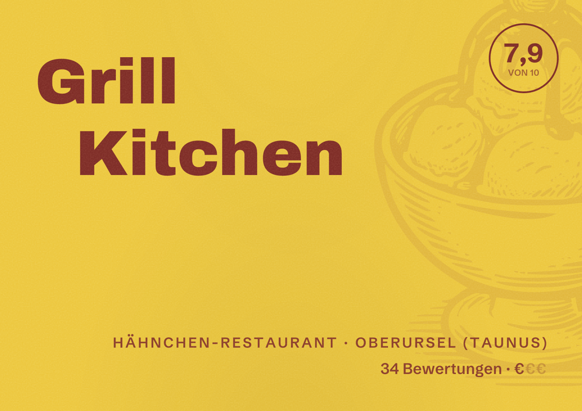 Illustriertes Poster von Grill Kitchen, Hähnchen-Restaurant in Oberursel (Taunus): Bewertung 7,9 von 10 aus 34 Bewertungen, Preisniveau €
