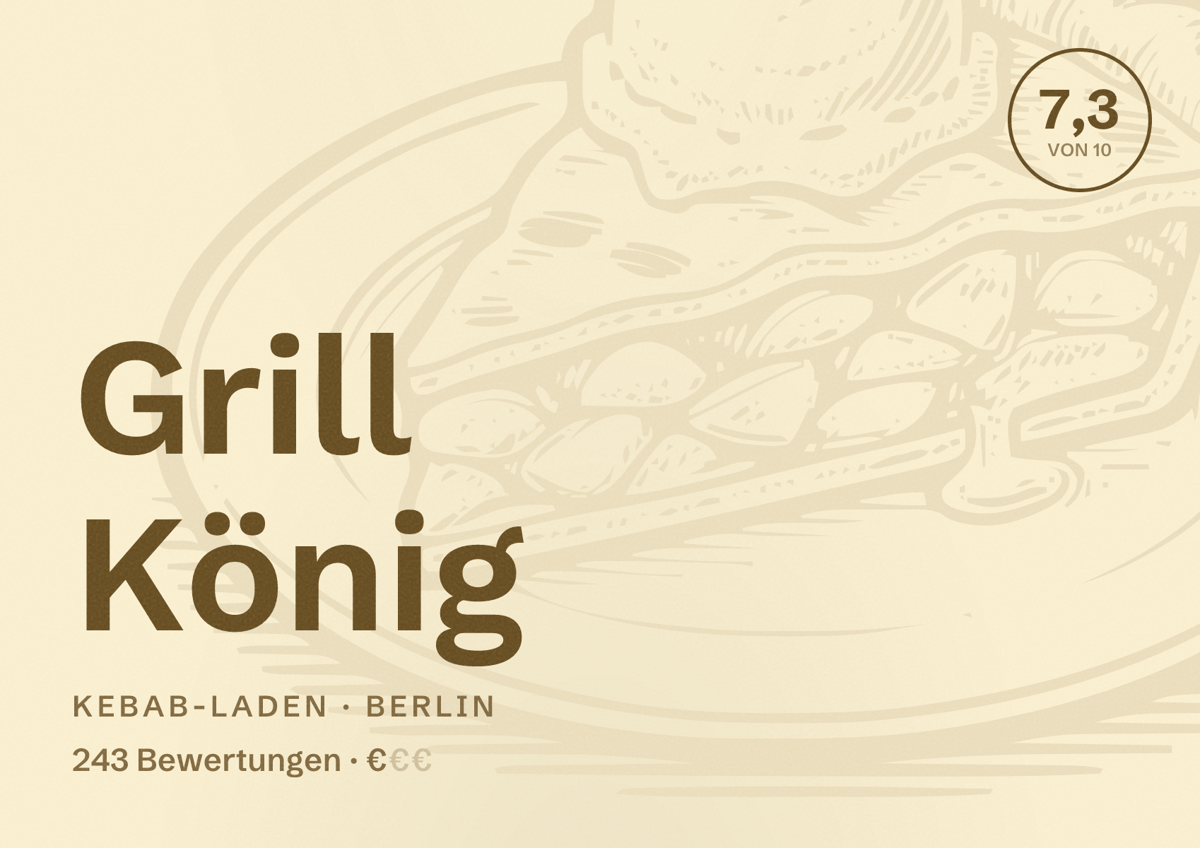 Illustriertes Poster von Grill König, Kebab-Laden in Berlin: Bewertung 7,3 von 10 aus 243 Bewertungen, Preisniveau €