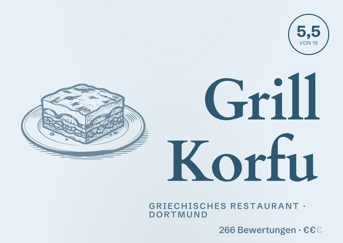 Illustriertes Poster von Grill Korfu, Griechisches Restaurant in Dortmund: Bewertung 5,5 von 10 aus 266 Bewertungen, Preisniveau €€