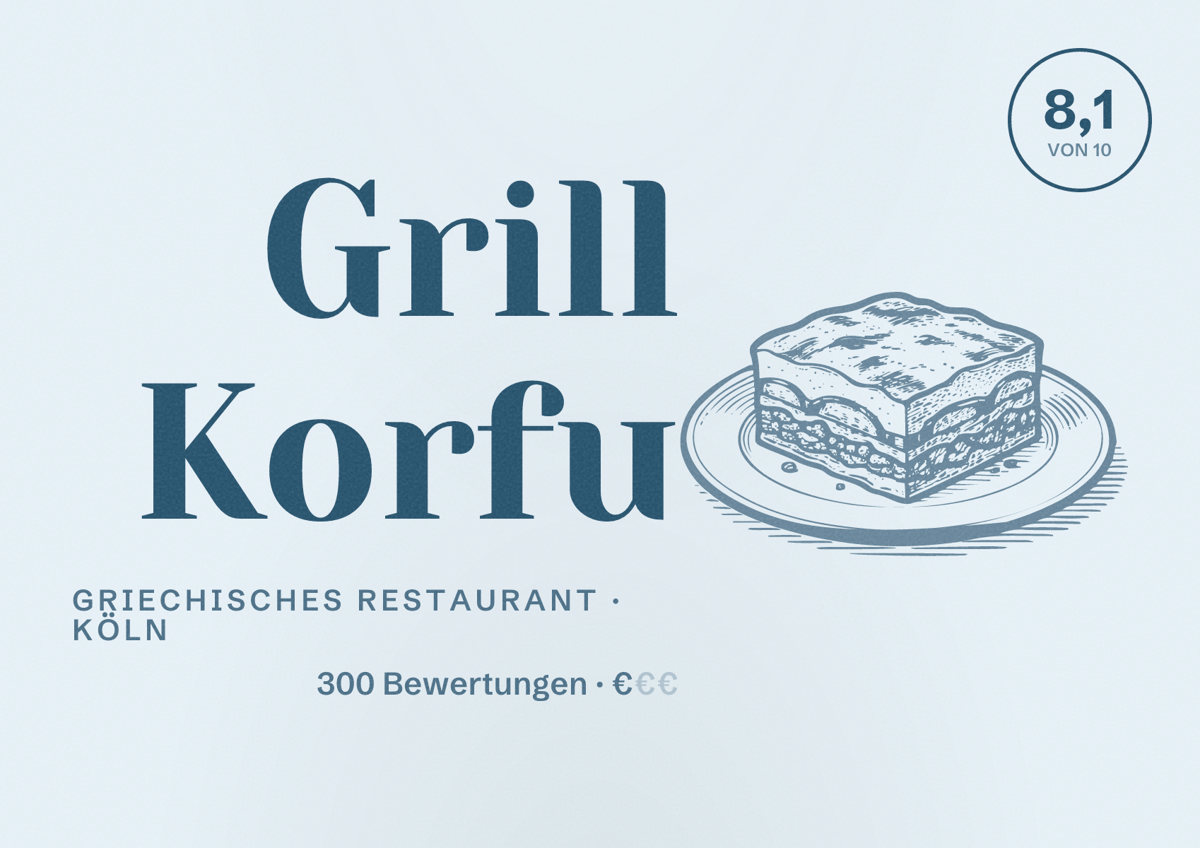 Illustriertes Poster von Grill Korfu, Griechisches Restaurant in Köln: Bewertung 8,1 von 10 aus 300 Bewertungen, Preisniveau €