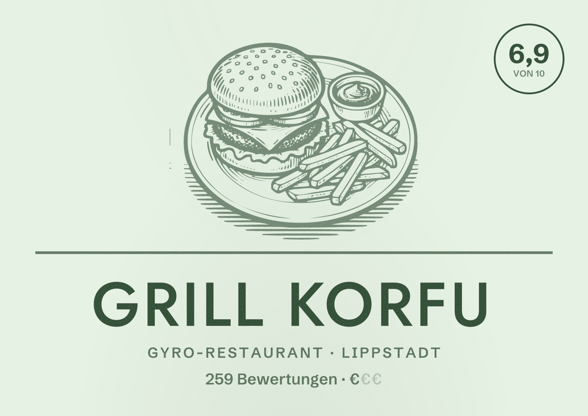 Illustriertes Poster von Grill Korfu, Gyro-Restaurant in Lippstadt: Bewertung 6,9 von 10 aus 259 Bewertungen, Preisniveau €