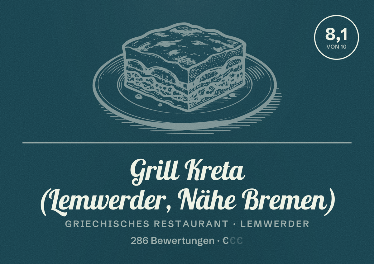 Illustriertes Poster von Grill Kreta (Lemwerder, Nähe Bremen), Griechisches Restaurant in Lemwerder: Bewertung 8,1 von 10 aus 286 Bewertungen, Preisniveau €