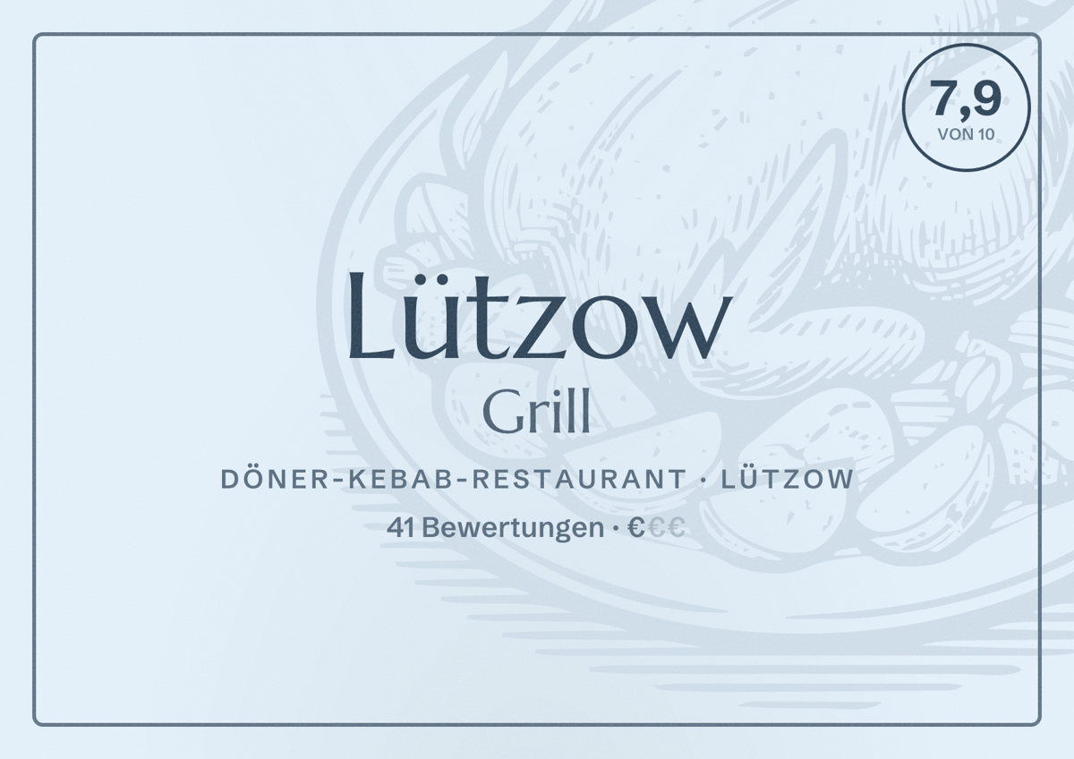 Illustriertes Poster von Lützow Grill, Döner-Kebab-Restaurant in Lützow: Bewertung 7,9 von 10 aus 41 Bewertungen, Preisniveau €