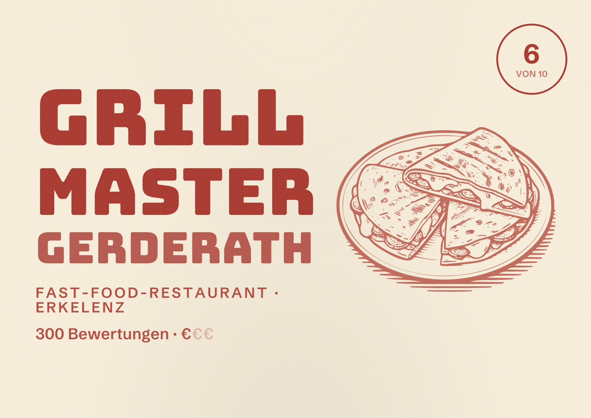 Illustriertes Poster von Grill Master Gerderath, Fast-Food-Restaurant in Erkelenz: Bewertung 6 von 10 aus 300 Bewertungen, Preisniveau €
