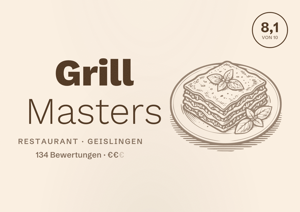 Illustriertes Poster von Grill Masters, Restaurant in Geislingen: Bewertung 8,1 von 10 aus 134 Bewertungen, Preisniveau €€