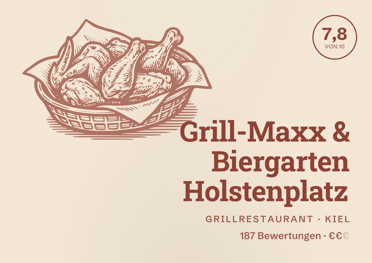 Illustriertes Poster von Grill-Maxx & Biergarten Holstenplatz, Grillrestaurant in Kiel: Bewertung 7,8 von 10 aus 187 Bewertungen, Preisniveau €€