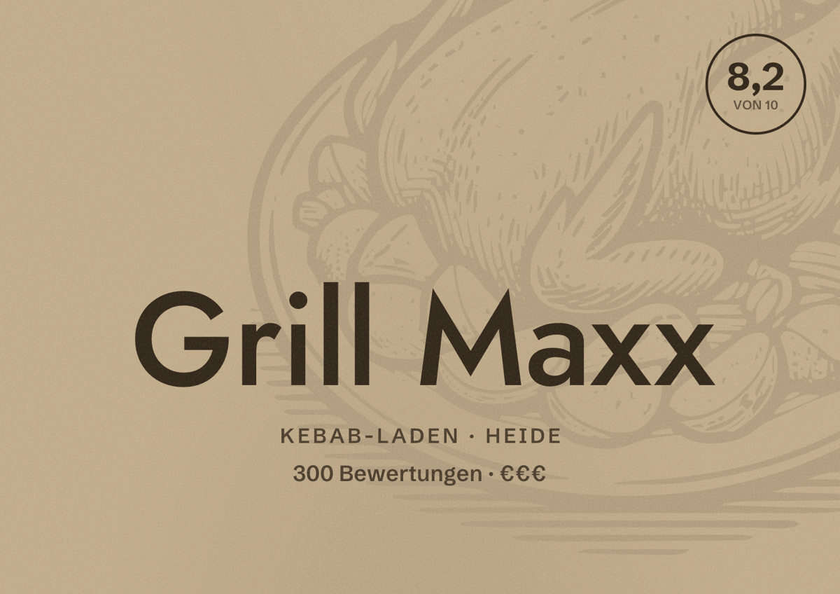 Illustriertes Poster von Grill Maxx, Kebab-Laden in Heide: Bewertung 8,2 von 10 aus 300 Bewertungen, Preisniveau €€€