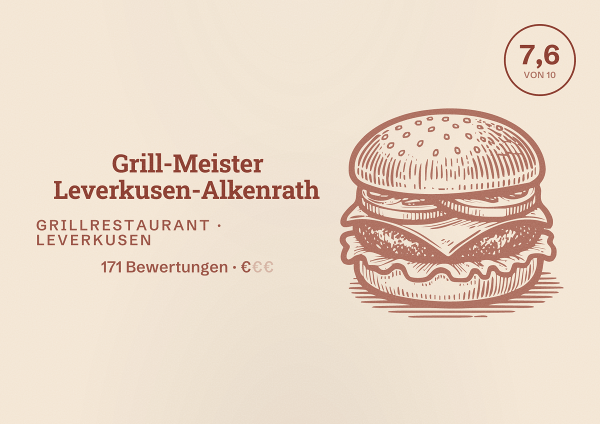 Illustriertes Poster von Grill-Meister Leverkusen-Alkenrath, Grillrestaurant in Leverkusen: Bewertung 7,6 von 10 aus 171 Bewertungen, Preisniveau €