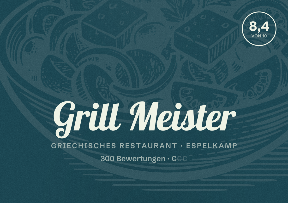 Illustriertes Poster von Grill Meister, Griechisches Restaurant in Espelkamp: Bewertung 8,4 von 10 aus 300 Bewertungen, Preisniveau €