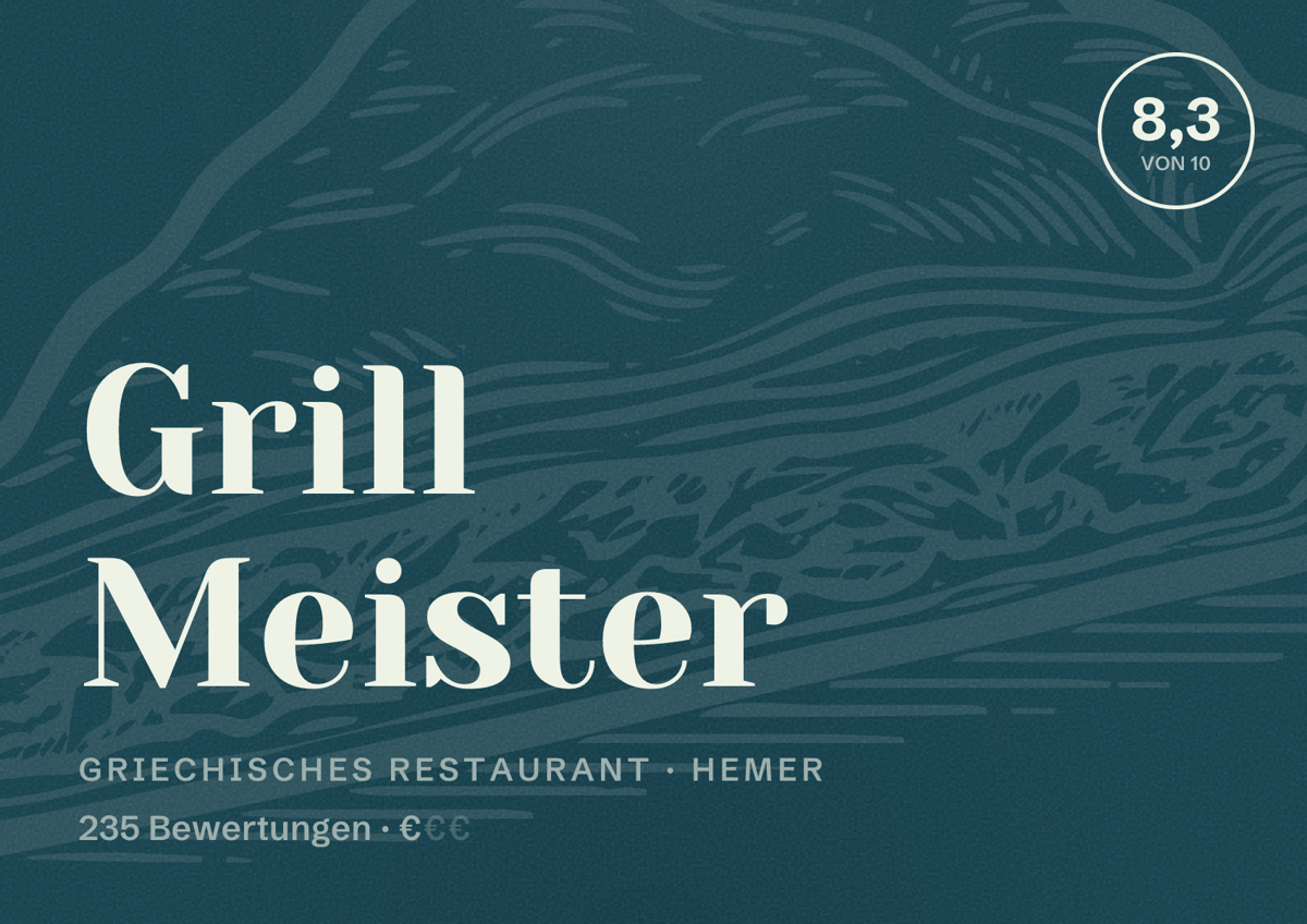 Illustriertes Poster von Grill Meister, Griechisches Restaurant in Hemer: Bewertung 8,3 von 10 aus 235 Bewertungen, Preisniveau €