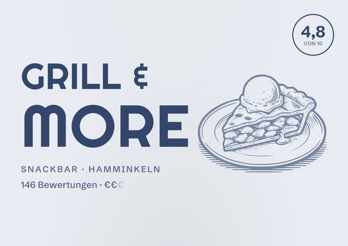 Illustriertes Poster von GRILL & MORE, Snackbar in Hamminkeln: Bewertung 4,8 von 10 aus 146 Bewertungen, Preisniveau €€