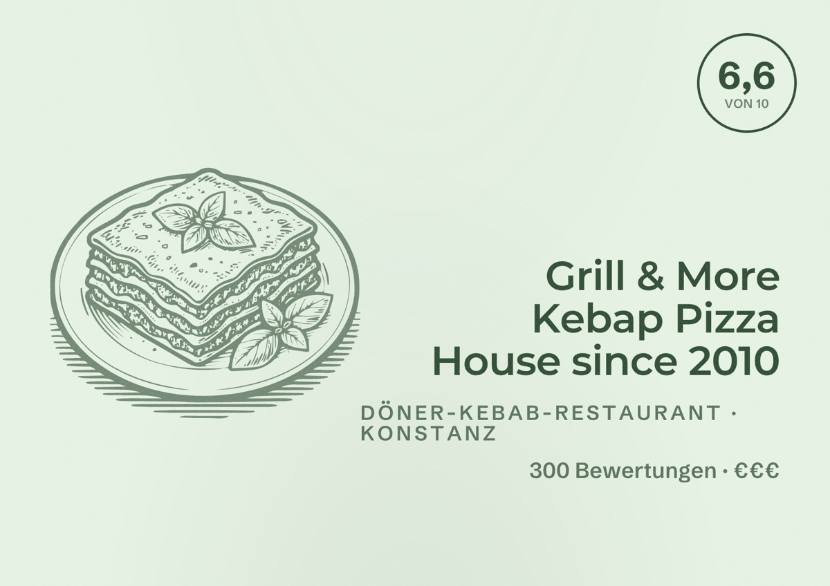 Illustriertes Poster von Grill & More Kebap Pizza House since 2010, Döner-Kebab-Restaurant in Konstanz: Bewertung 6,6 von 10 aus 300 Bewertungen, Preisniveau €€€