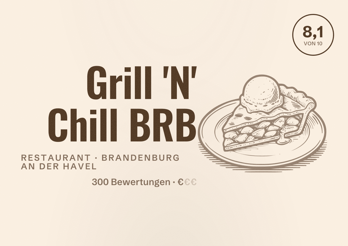Illustriertes Poster von Grill 'N' Chill BRB, Restaurant in Brandenburg an der Havel: Bewertung 8,1 von 10 aus 300 Bewertungen, Preisniveau €