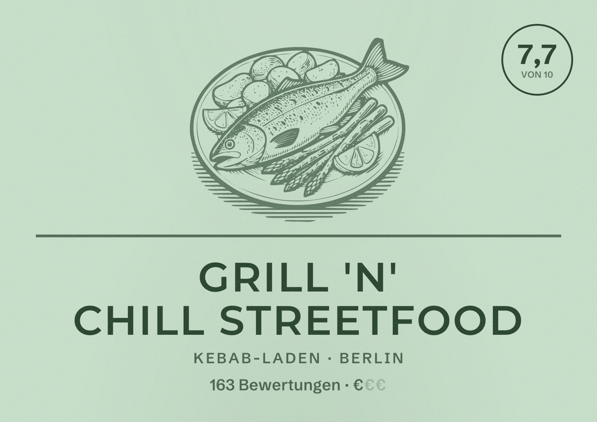 Illustriertes Poster von Grill 'N' Chill Streetfood, Kebab-Laden in Berlin: Bewertung 7,7 von 10 aus 163 Bewertungen, Preisniveau €