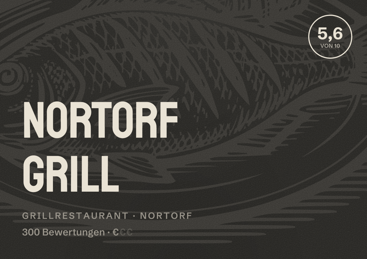 Illustriertes Poster von Nortorf Grill, Grillrestaurant in Nortorf: Bewertung 5,6 von 10 aus 300 Bewertungen, Preisniveau €