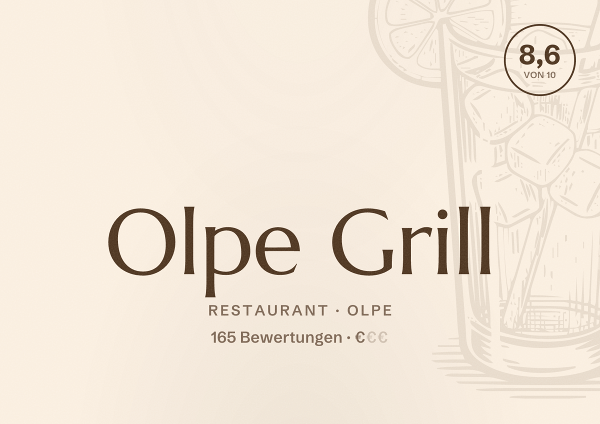 Illustriertes Poster von Olpe Grill, Restaurant in Olpe: Bewertung 8,6 von 10 aus 165 Bewertungen, Preisniveau €