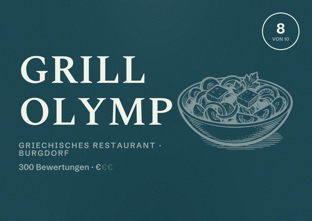 Illustriertes Poster von Grill Olymp, Griechisches Restaurant in Burgdorf: Bewertung 8 von 10 aus 300 Bewertungen, Preisniveau €